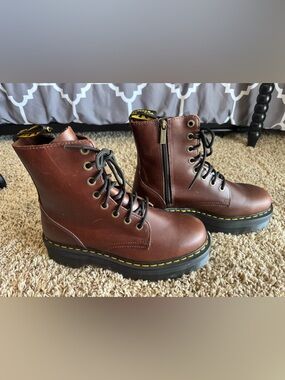 Dr. Martens Brown Leather Platform Lace-Up Boots with Yellow Stitching